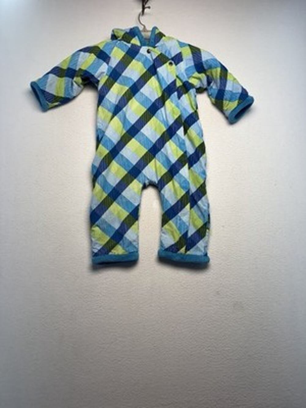 Me Too Hooded Fleece-Lined Plaid Zip One-Piece Coverall Blue Green 9-12M